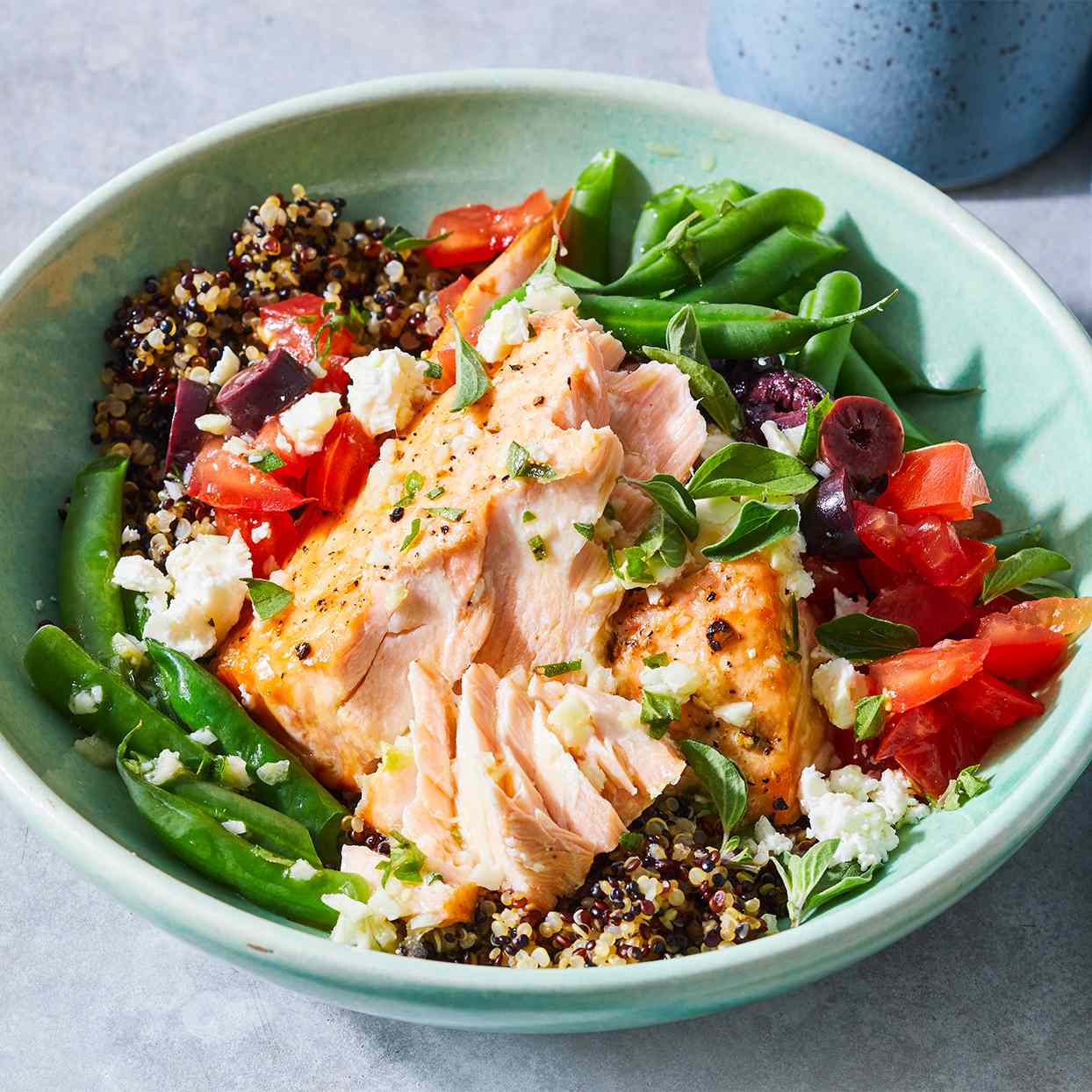 Salmon & Quinoa Bowls with Green Beans, Olives & Feta