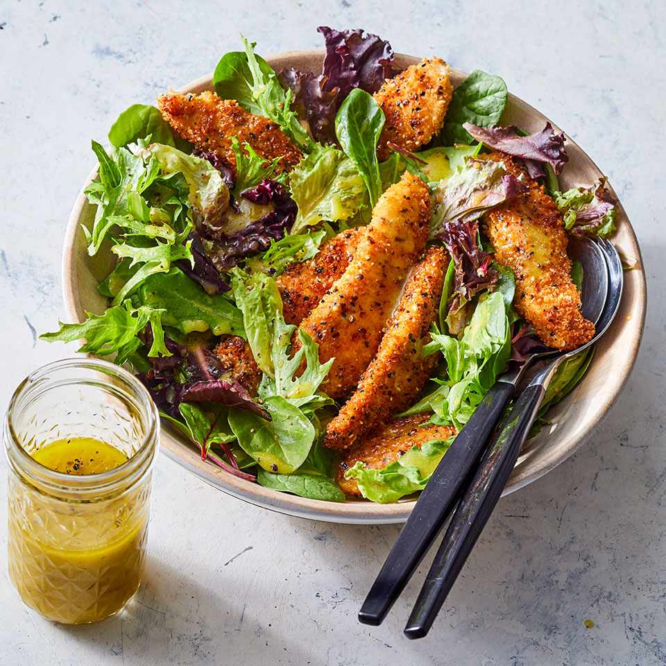 Homemade Chicken Tenders with Everything Bagel Seasoning over Salad