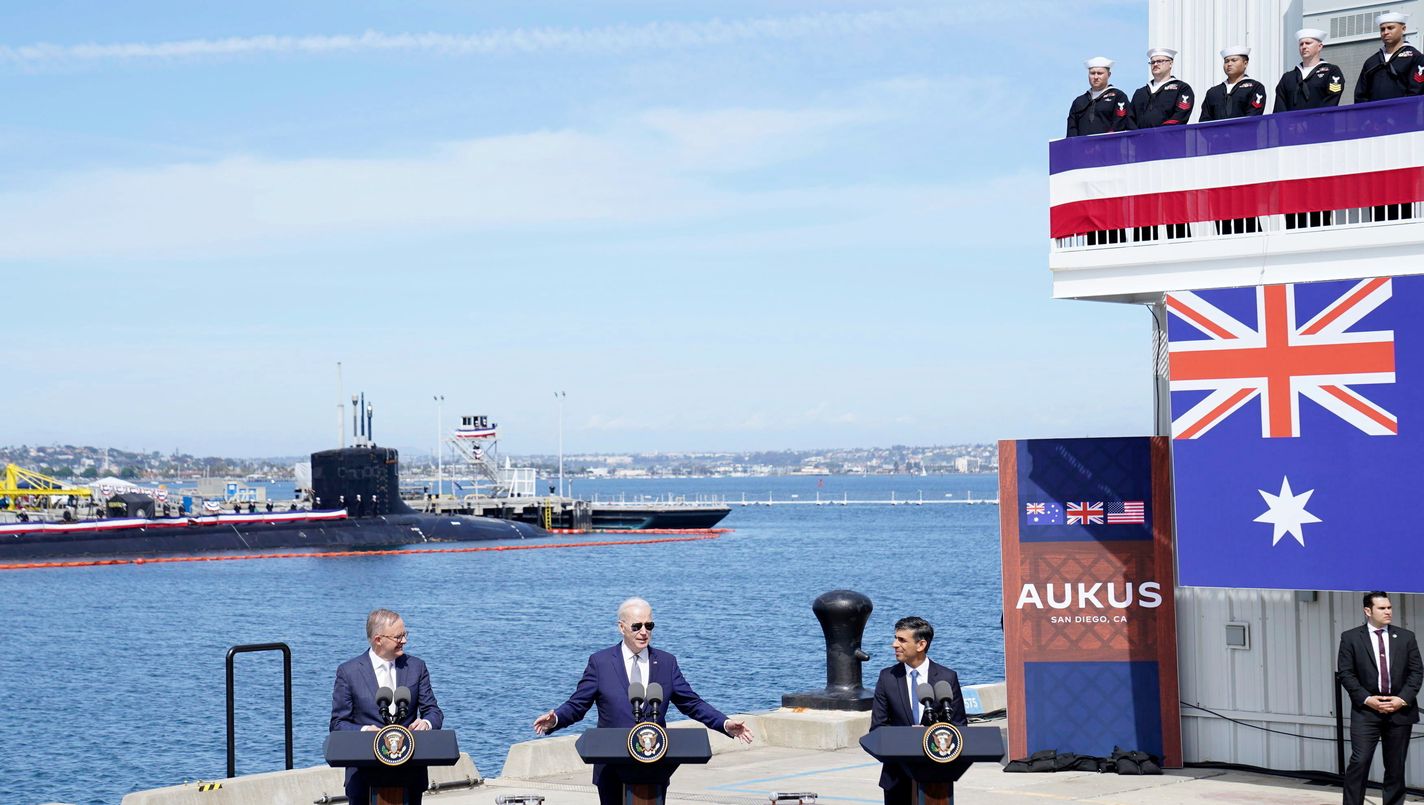 Britain's Prime Minister Rishi Sunak, right, meets with US President Joe Biden and Prime Minister of Australia Anthony Albanese, left, at Point Loma naval base in San Diego, US, Monday March 13, 2023, as part of Aukus, a trilateral security pact between Australia, the UK, and the US. (Stefan Rousseau/Pool via AP)