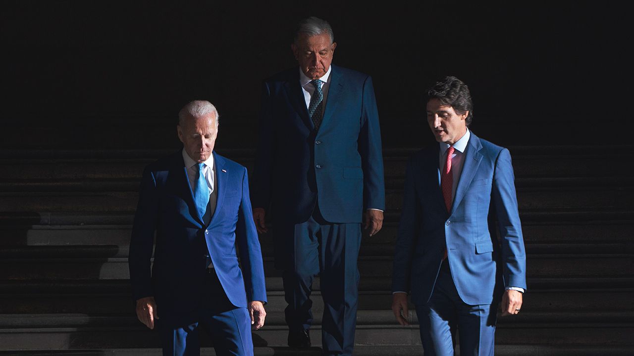 Canadian Prime Minister Justin Trudeau, U.S. President Joe Biden and Mexican President Andres Manuel Lopez Obrador arrive for a joint news conference at the North American Leaders Summit Tuesday, Jan. 10, 2023, in Mexico City. (Adrian Wyld/The Canadian Press via AP)