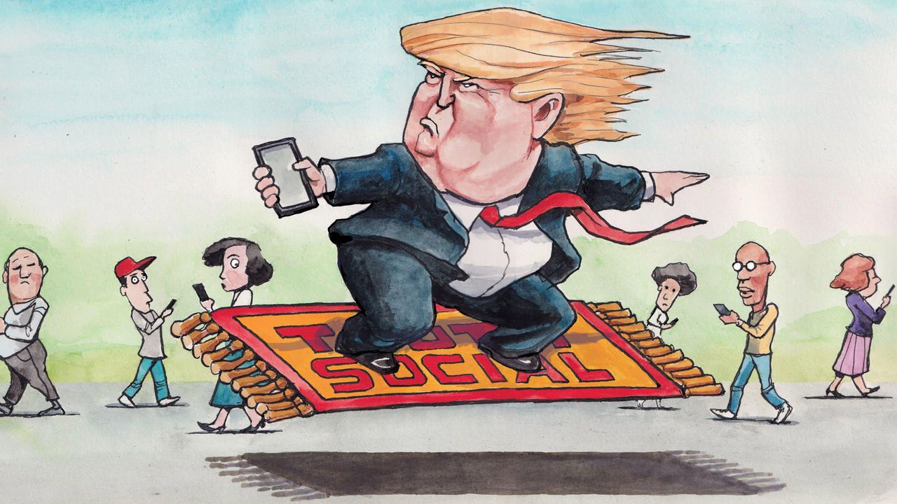 Donald Trump riding on a magic carpet representing his social media app, Total Social