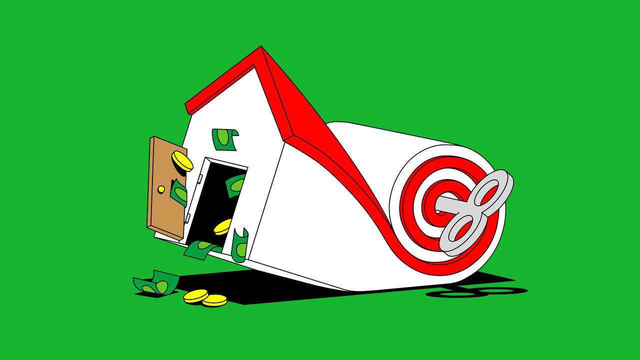 An illustration of a house being rolled up and squeezed from one end with coins and notes flying out of the door, which is coming off its hinges.