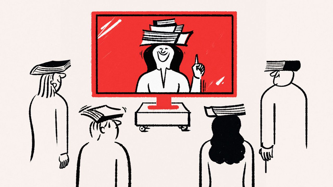 An illustration showing some people with books balancing on their heads watching a tutorial of a woman with a pile of books on her head on a big screen.