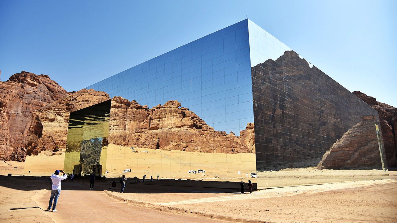 People visit the Maraya building in Al Ula, Saudi Arabia