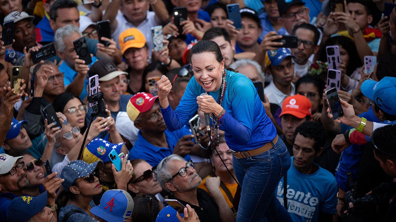 Venezuelan opposition leader, Maria Corina Machado speaks to supporters.