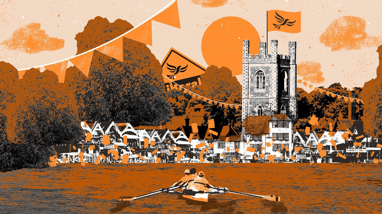 The image shows rowers on Henley on Thames. Orange flags and banners with the Liberal Democrats' logo are displayed prominently, suggesting a political event. The color palette is mainly orange and black.