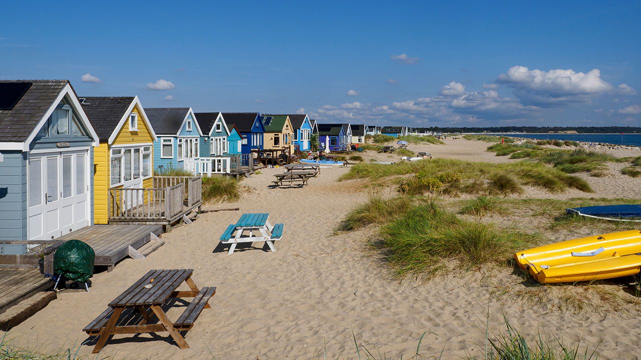 Beach huts at Mudeford Spit, Dorset, Britain