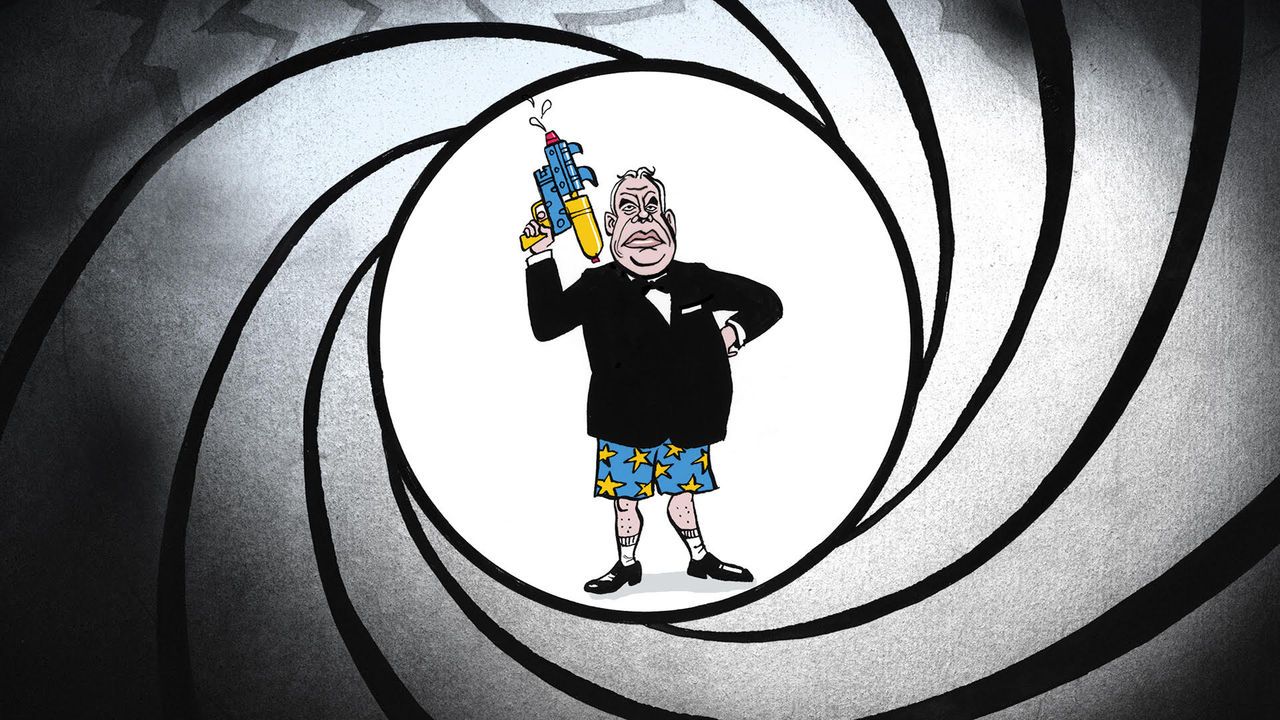 The illustration humorously parodies James Bond's iconic gun barrel sequence. Viktor Orbán wears a tuxedo jacket and bow tie, but sports star-patterned boxer shorts and holds a colorful water gun.