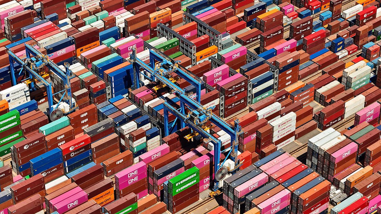 An aerial view of a container port is seen in Qingdao, Shandong province, China on June 6th 2024