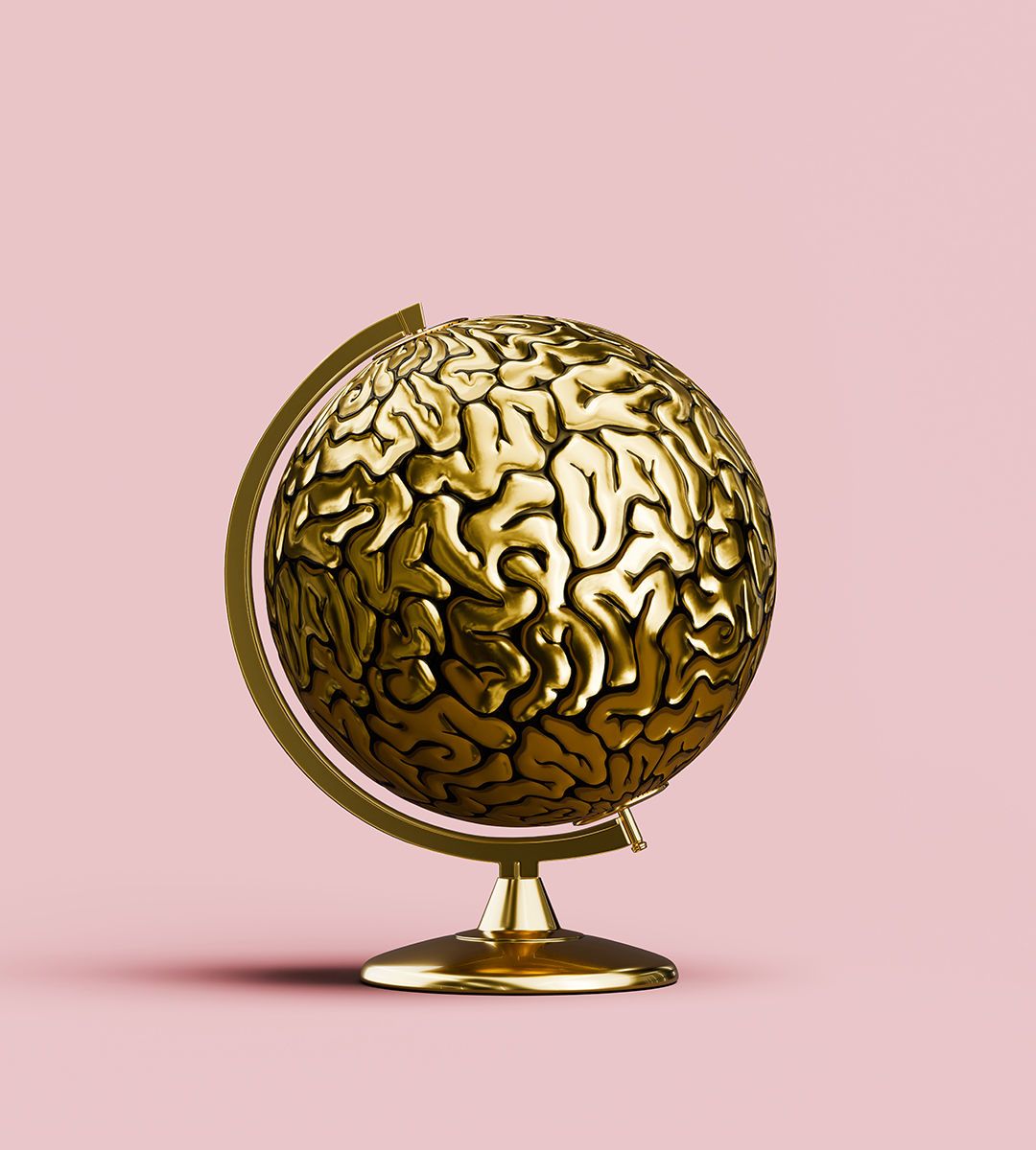 An image of a globe in the shape of a brain, cast in gold, against a pink background.