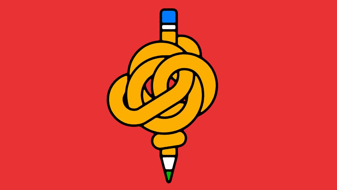 illustration of a yellow pencil tied into a complex knot against a red background. The pencil has a blue eraser on top and a green tip at the bottom.