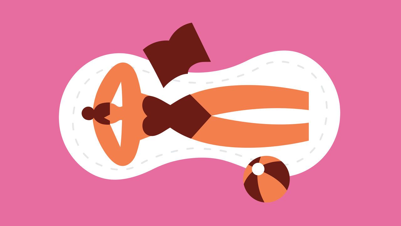 Illustration of a woman sunbathing on a towel that is in the shape of a menstrual pad