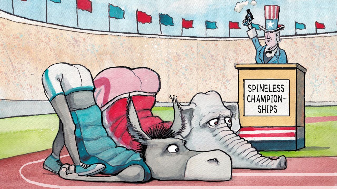 The Republican Elephant and Democratic Donkey getting ready for a running competition in front of Uncle Sam.