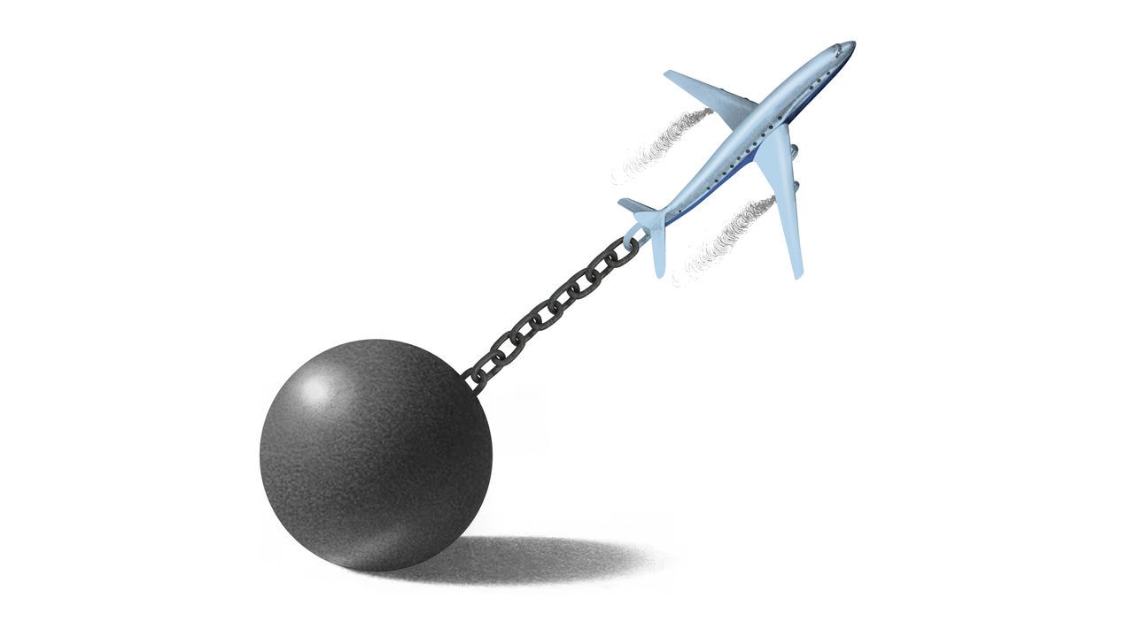 Illustration of a boeing plane being being weighed down by a giant ball and chain