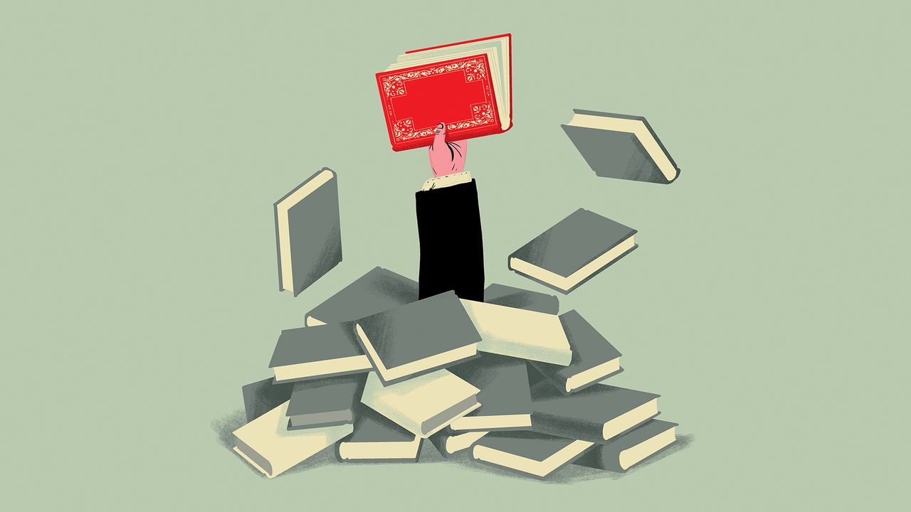 Illustration of a pile of books with an arm bursting out holding a red and gold foiled book