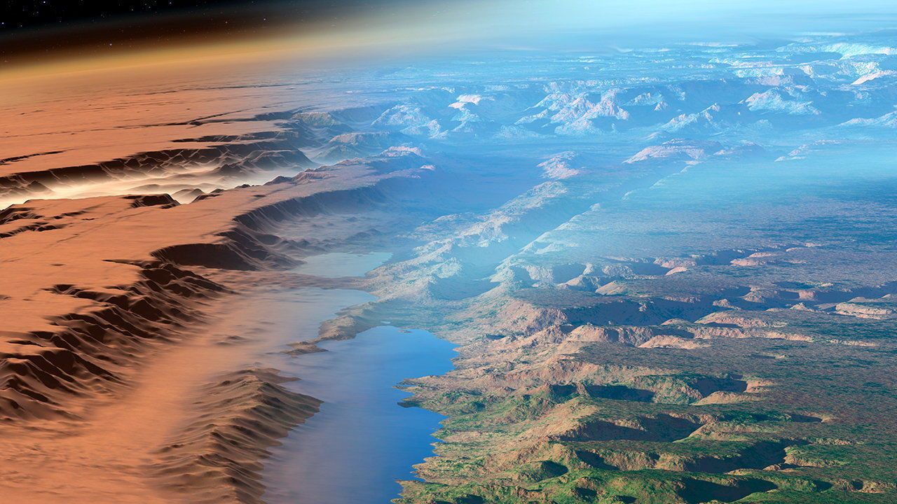 Computer artwork of Mars before (left) and after (right) terraformation. 