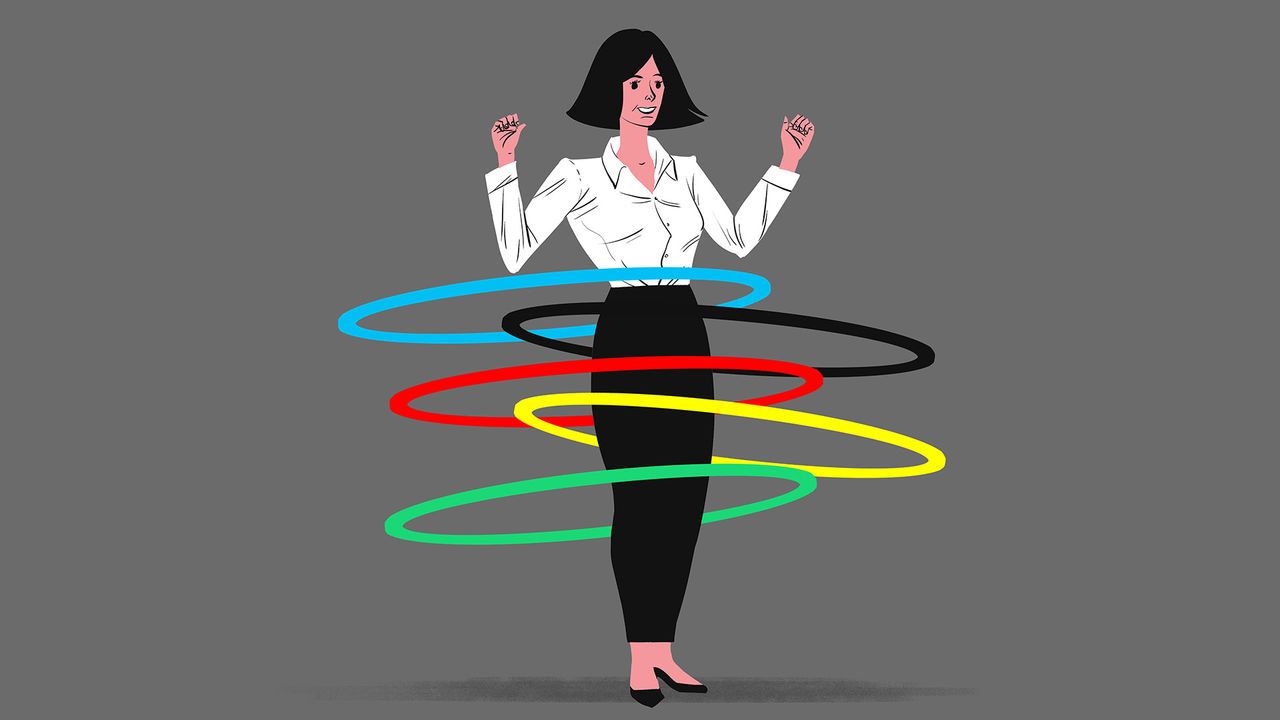 The illustration shows a smiling woman in business attire hula hooping with five hoops in the Olympic ring colors: blue, black, red, yellow, and green, against a grey background.