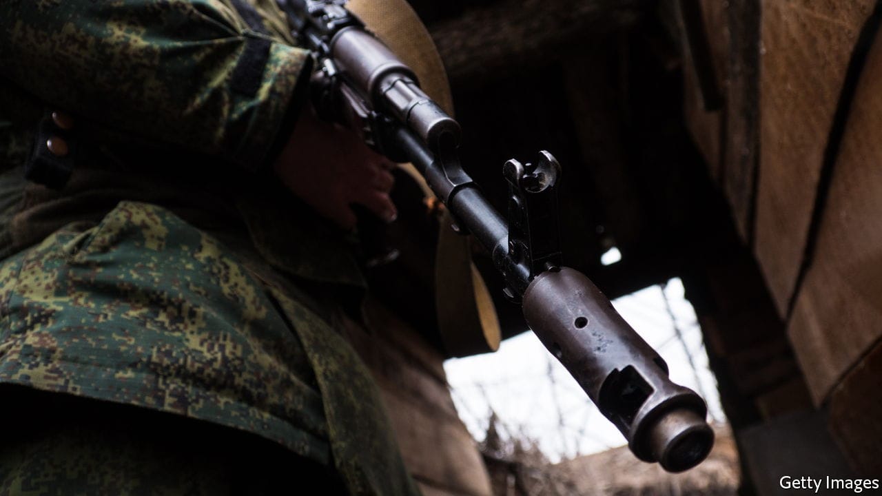 DONETSK FRONTLINE ALEXANDROVKA, DONETSK, DONETSK PEOPLE'S REPUBLIC, UKRAINE - 2017/12/11: A detail shot of a gun of a soldier on the frontline of Donetsk People's Republic.The War in Donbass region of eastern Ukraine has caused at least 10,000 deaths and resulted in 1.4 million people being displaced from their homes since the start of the conflict in March 2014. (Photo by Martin Trabalik/SOPA Images/LightRocket via Getty Images)