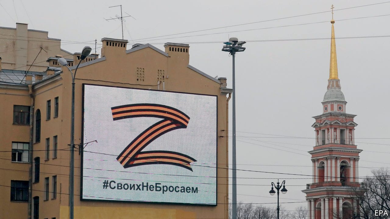 Mandatory Credit: Photo by ANATOLY MALTSEV/EPA-EFE/Shutterstock (12837871c)The letter Z and a hashtag reading 'We don't leave ours' seen over Ligovsky Prospect in St. Petersburg, Russia, 07 March 2022. The letter Z has been used by Russian forces as an identifying sign on their vehicles in Ukraine. Russian troops entered Ukraine on 24 February prompting the country's president to declare martial law and triggering a series of severe economic sanctions imposed by Western countries on Russia.Russian troops identifying symbol in St. Petersburg, St Petersburg, Russian Federation - 07 Mar 2022