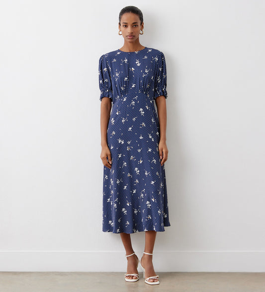 Mela Navy Floral Crepe Midi Dress