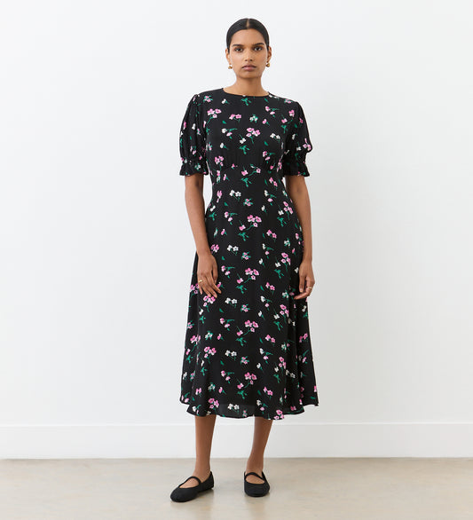 Mela Black Floral Crepe Midi Dress