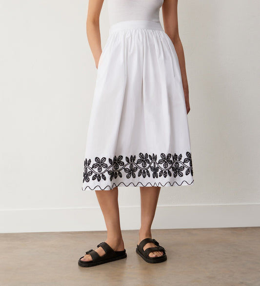 Yolanda White Cotton Embroidered Midi Skirt