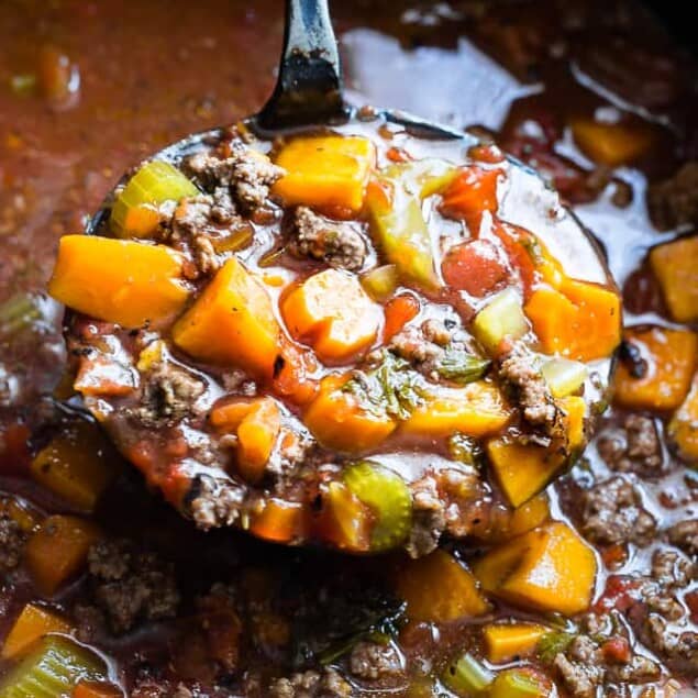 Paleo Slow Cooker Hamburger Soup -  This easy, healthy hamburger soup is made in the slow cooker and is a grain/dairy/sugar/gluten free and whole30 dinner that the whole family will love! Makes great leftovers too!  | Foodfaithfitness.com | @FoodFaithFit