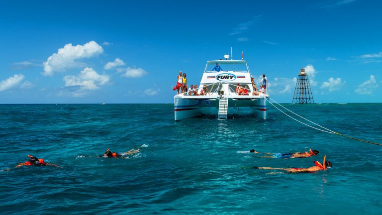 key west snorkeling with four snorkelers in the water a boat with people in the background