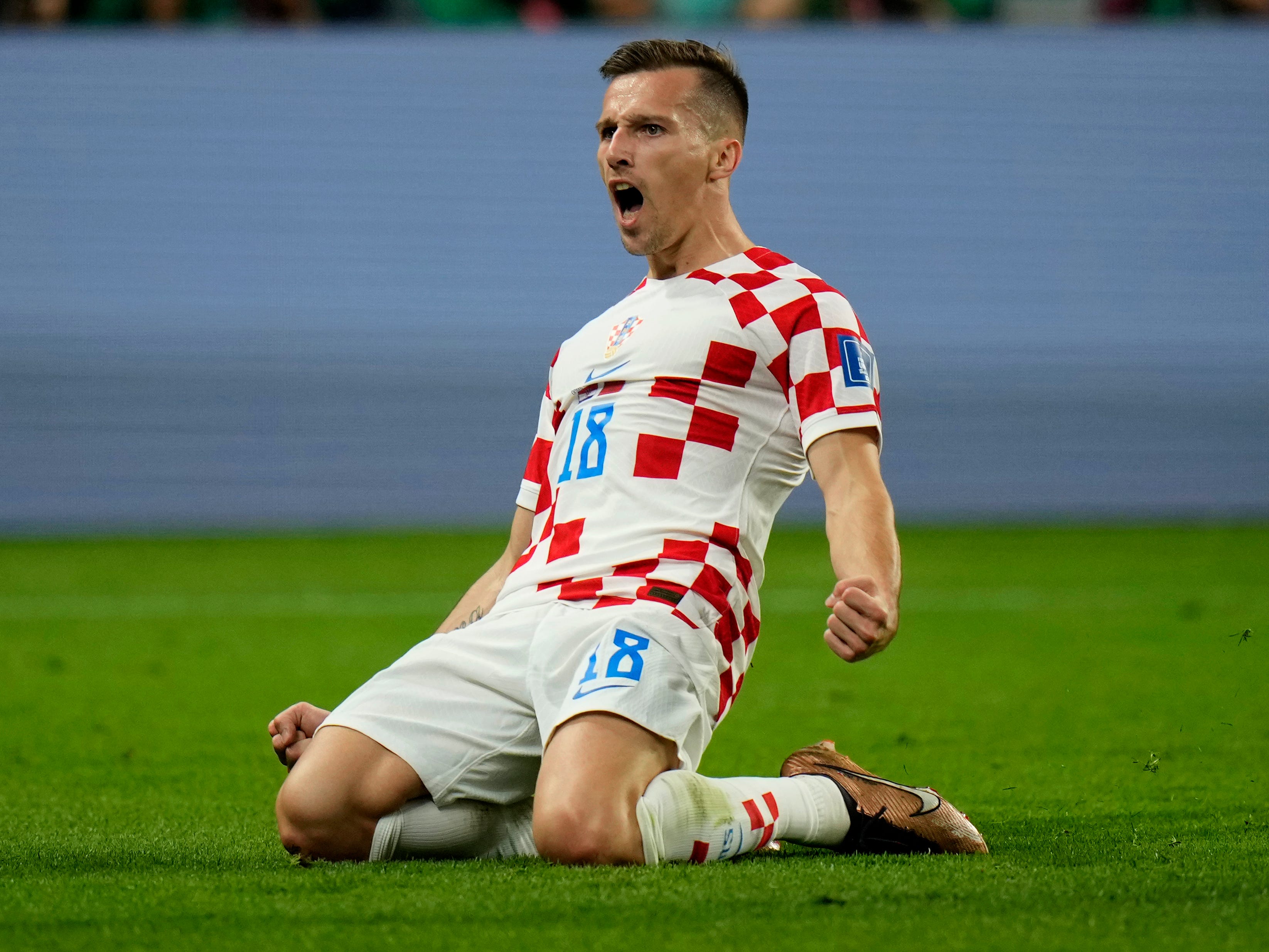 Croatia's Mislav Orsic celebrates after scoring his side's second goal during the World Cup third-place match against Morocco.