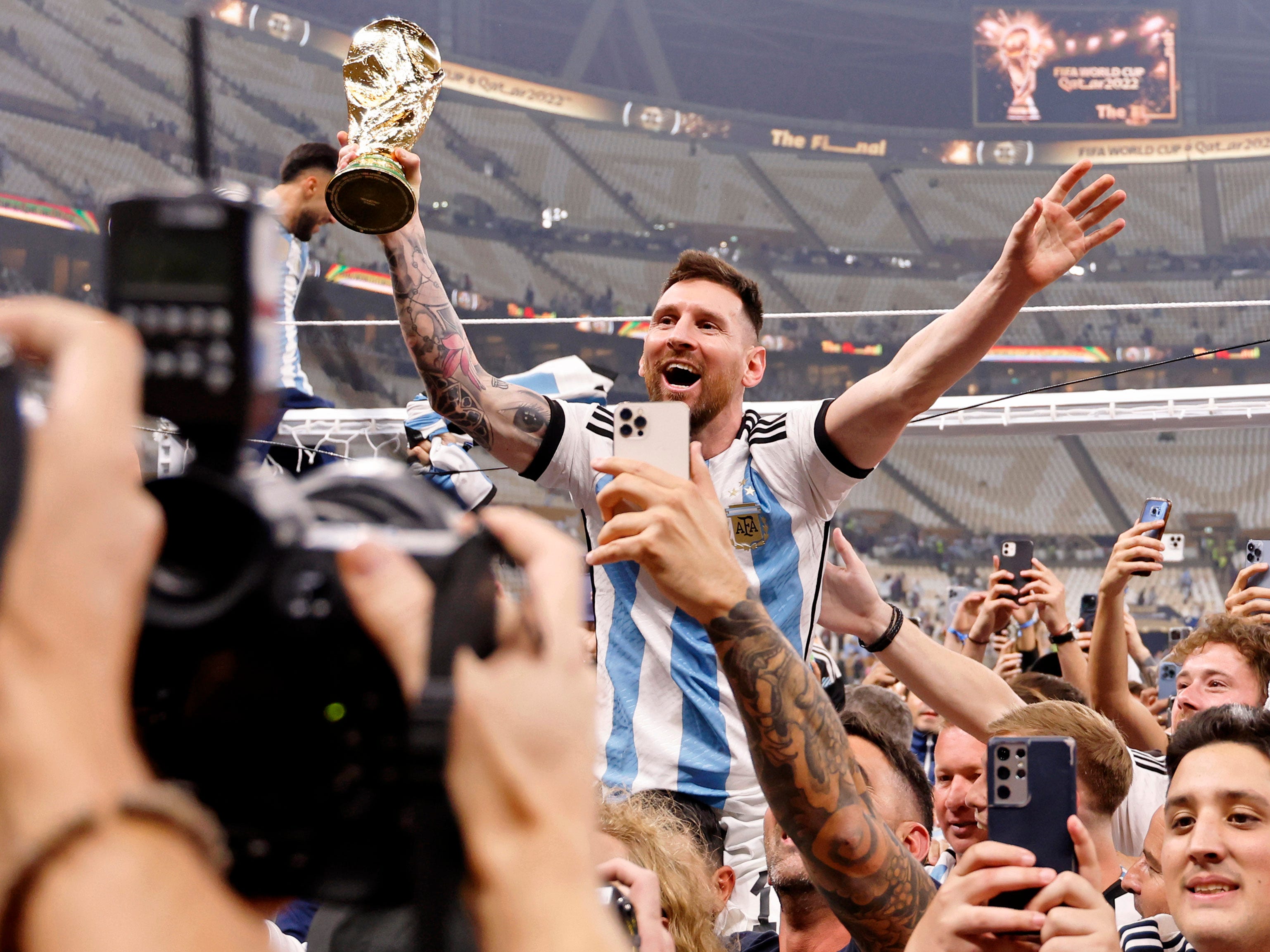 Lionel Messi celebrates after the win.