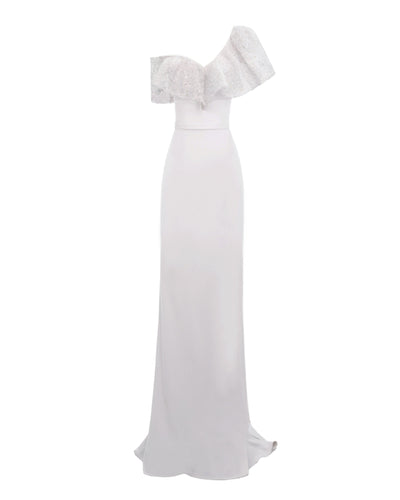 An asymmetrical beaded mesh ruffled neckline slim-cut long evening dress in light lilac color.
