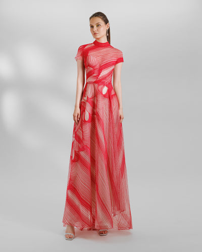 A red flared evening dress with high-neck and short sleeves.