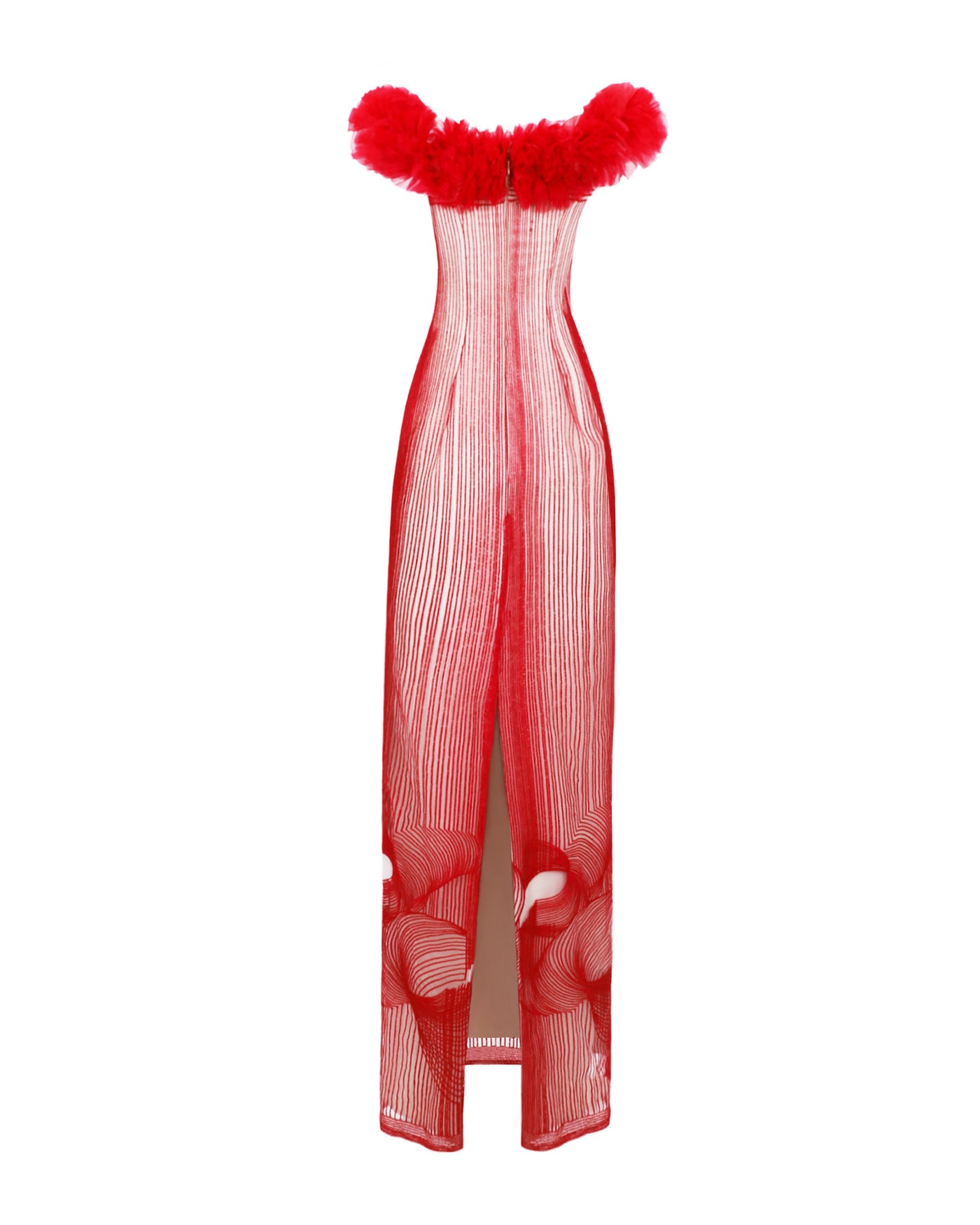 The back of an off-the-shoulders slim-cut red evening dress with rushed organza on the neckline and an open slit at the back.