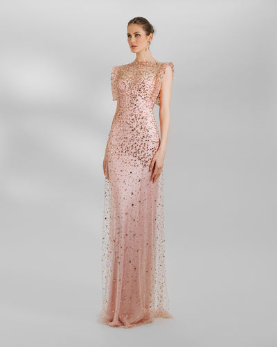 A fully beaded pink slim straight evening dress featuring structured shoulders. 
