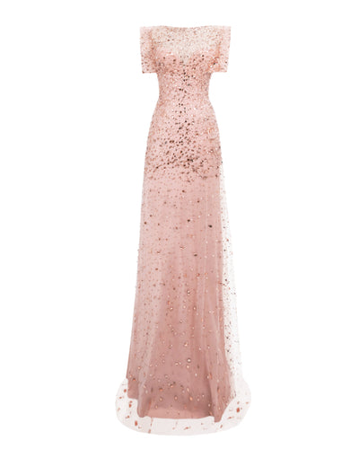 A fully beaded pink slim straight evening dress featuring structured shoulders.