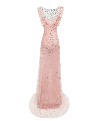 The back of a fully beaded pink slim straight evening dress featuring structured shoulders and an open back.