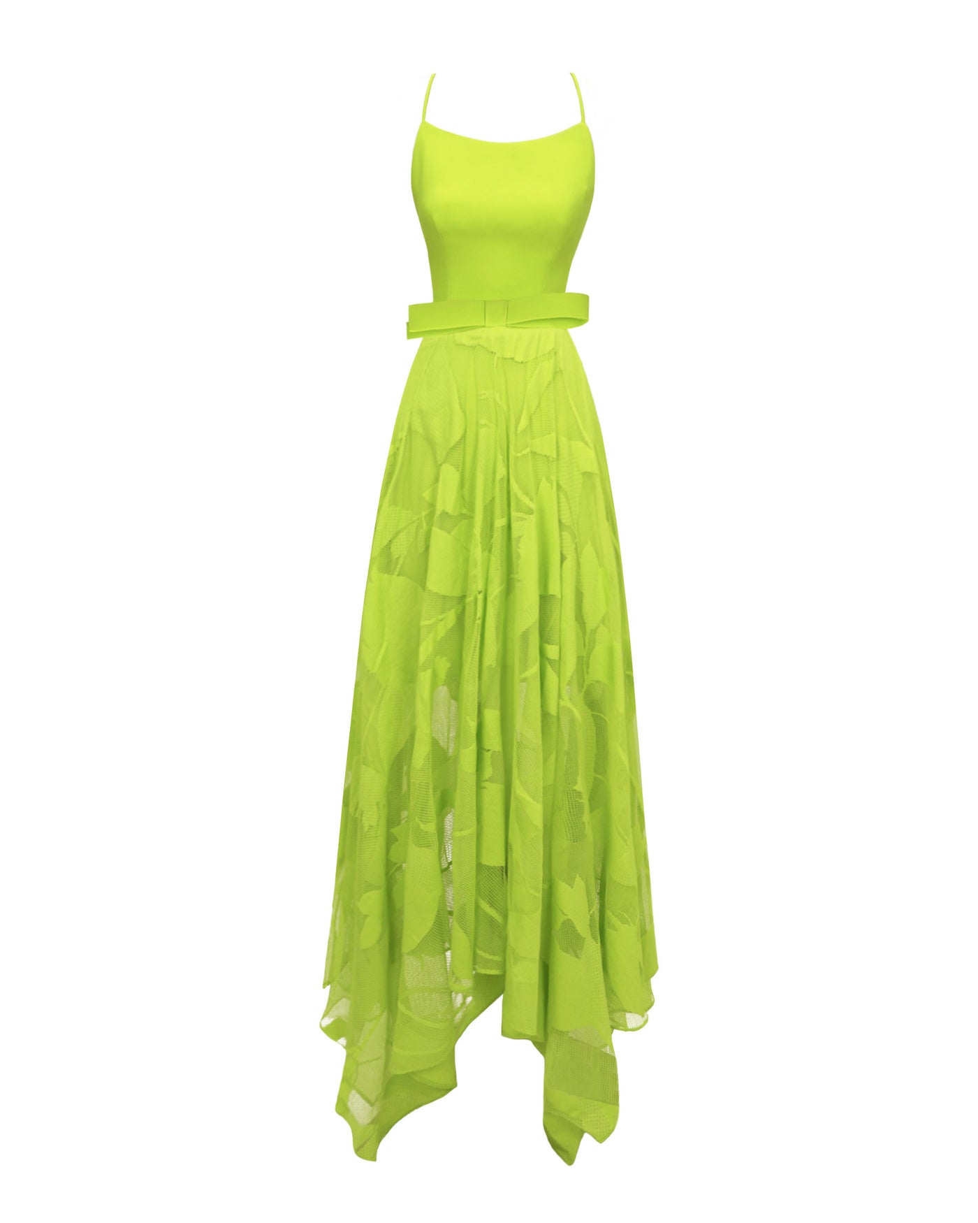 An evening wear set featuring a patterned lace midi skirt with asymmetrical hemline, and a crepe top with a sharp bow design, all in lime color.