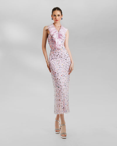 A fully beaded pink midi evening dress with a detachable ruffled neckline.