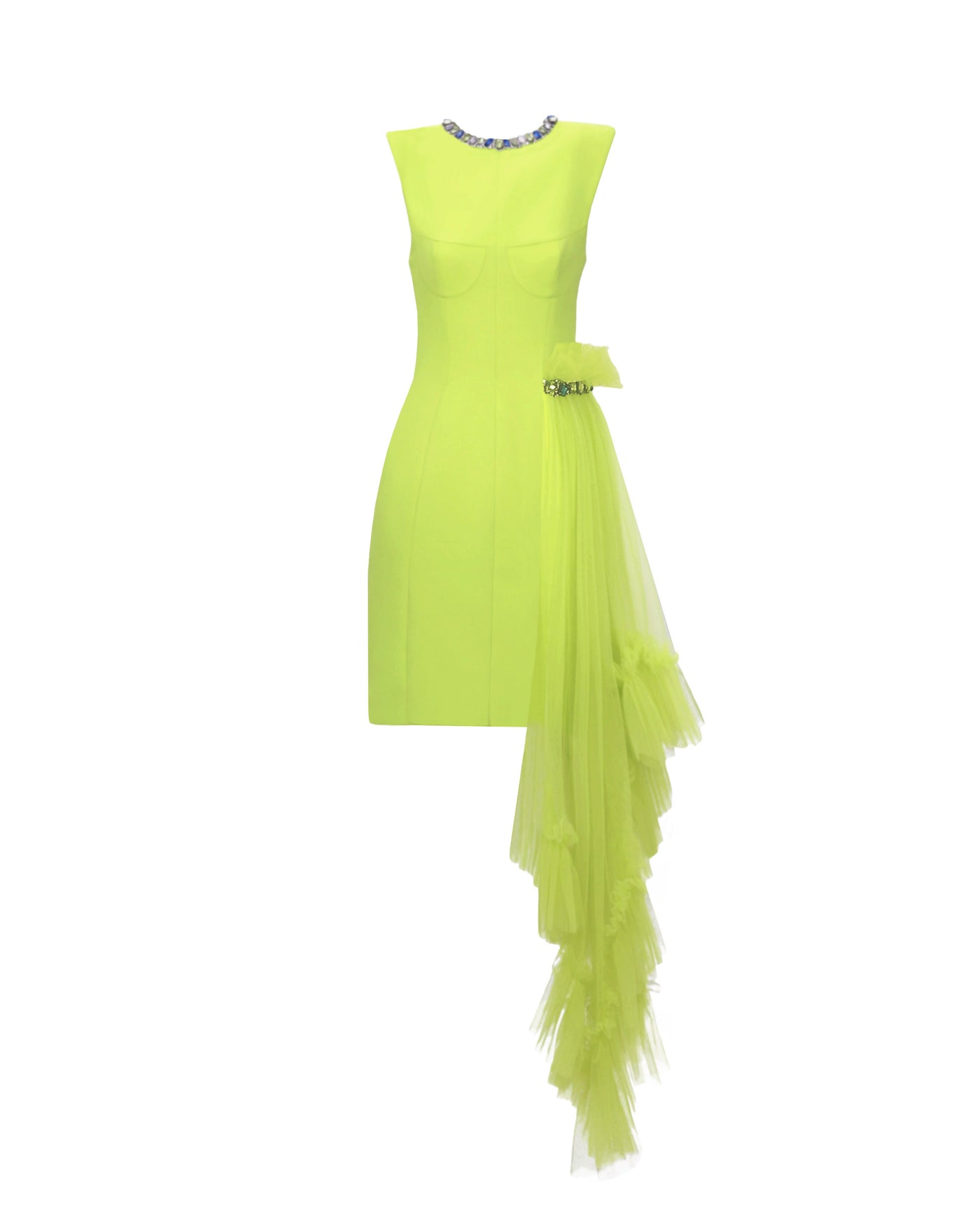 A short structured lime dress with padded shoulders and a round beaded neckline. It features an asymmetrical tulle ruffles on the side with a beaded line.