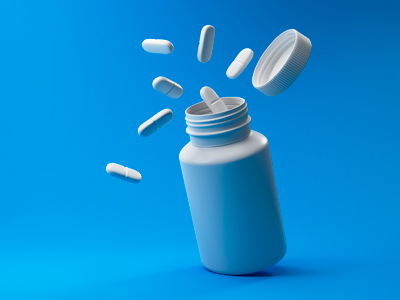 Embalagem com remédios saindo desse frasco. Texto: Como importar medicamentos?