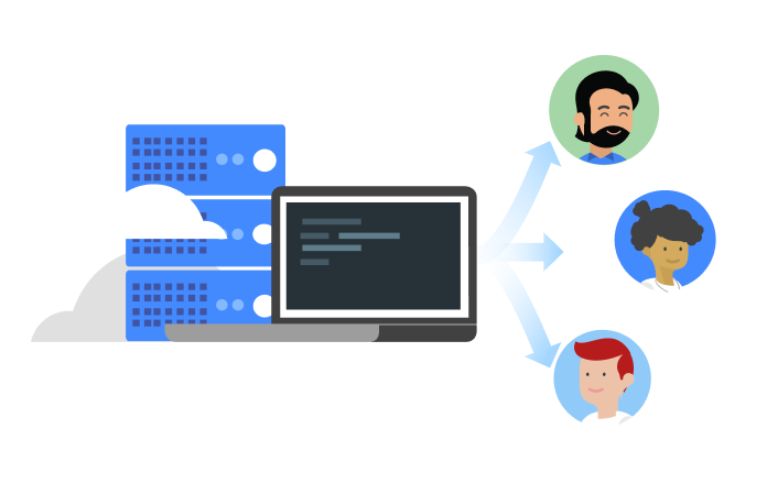  Illustrazione di un server e un computer con tre frecce che puntano a tre utenti diversi.