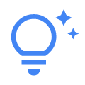 blue icon of a light bulb with stars around it
