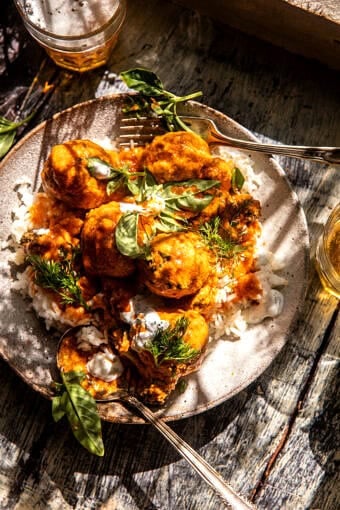 Crockpot Creamy Buffalo Chicken Meatballs | halfbakedharvest.com