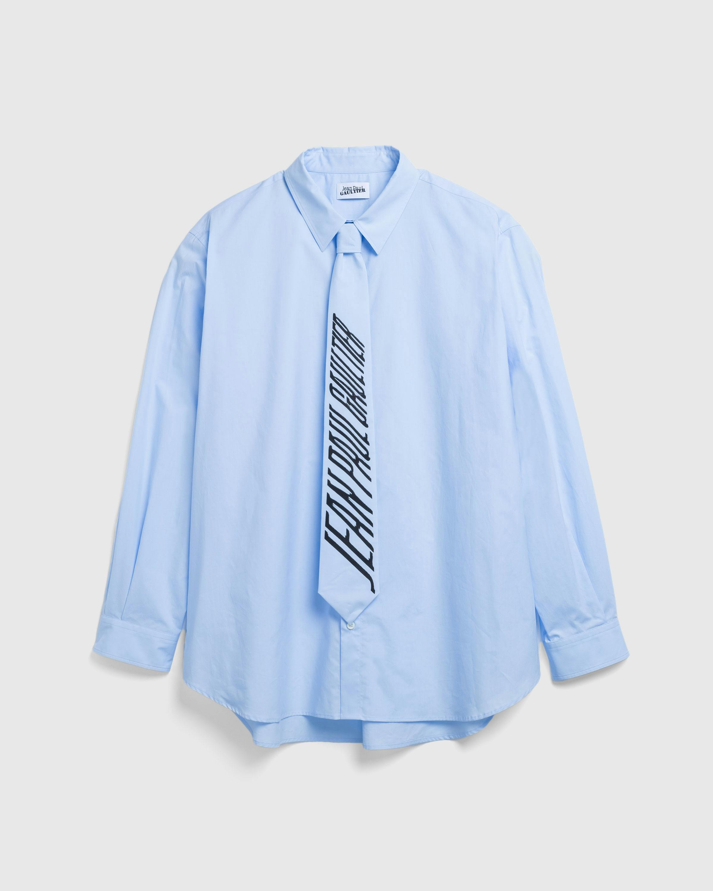 Jean Paul Gaultier – Cotton Poplin Shirt With Printed Tie Baby Blue/Black - Longsleeve Shirts - Blue - Image 1