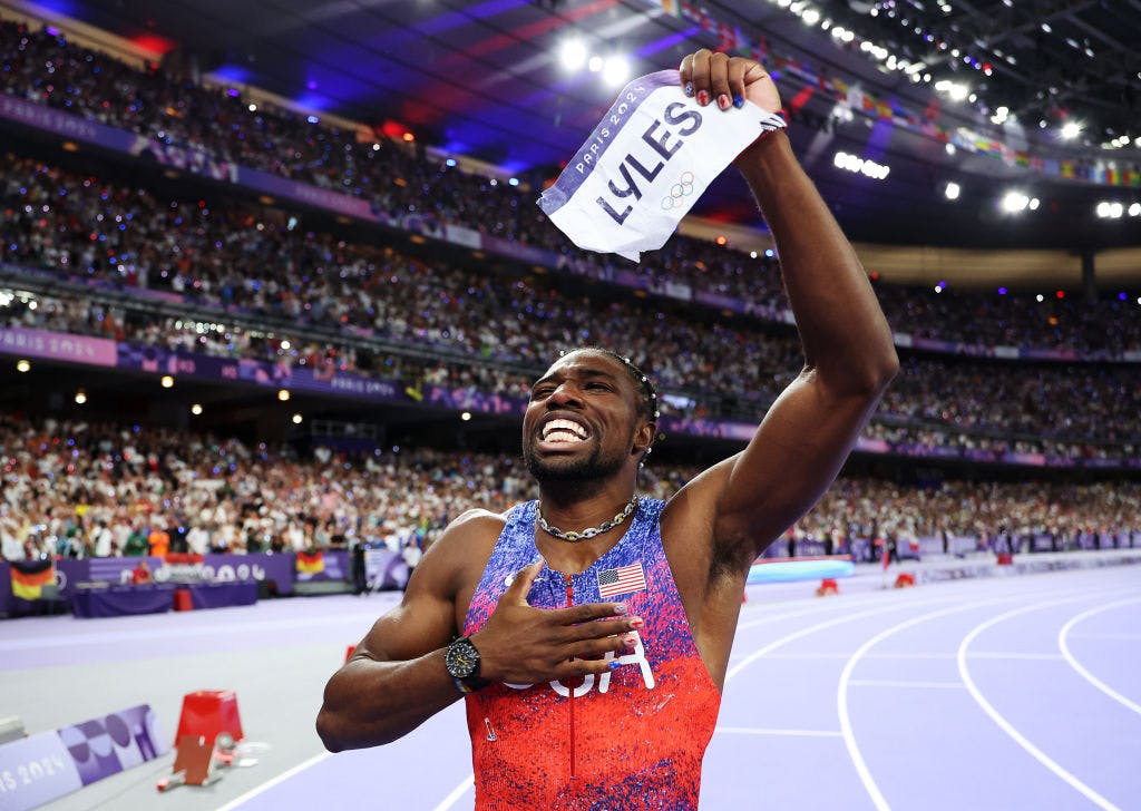 Noah Lyles of Team United States celebrates winning the gold medal in the Men's 100m Final on day nine of the Olympic Games Paris 2024