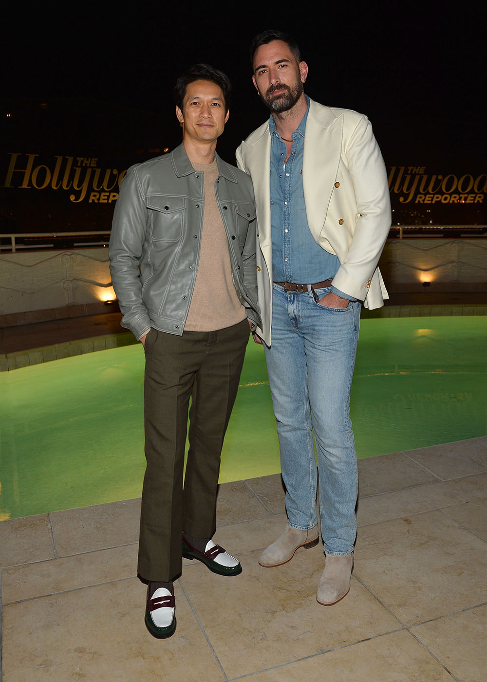 (L-R) Harry Shum Jr. and Warren Alfie Baker attend The Hollywood Reporter And Jimmy Choo Power Stylists Dinner at The Terrace at Sunset Tower on March 28, 2023 in West Hollywood, California.
