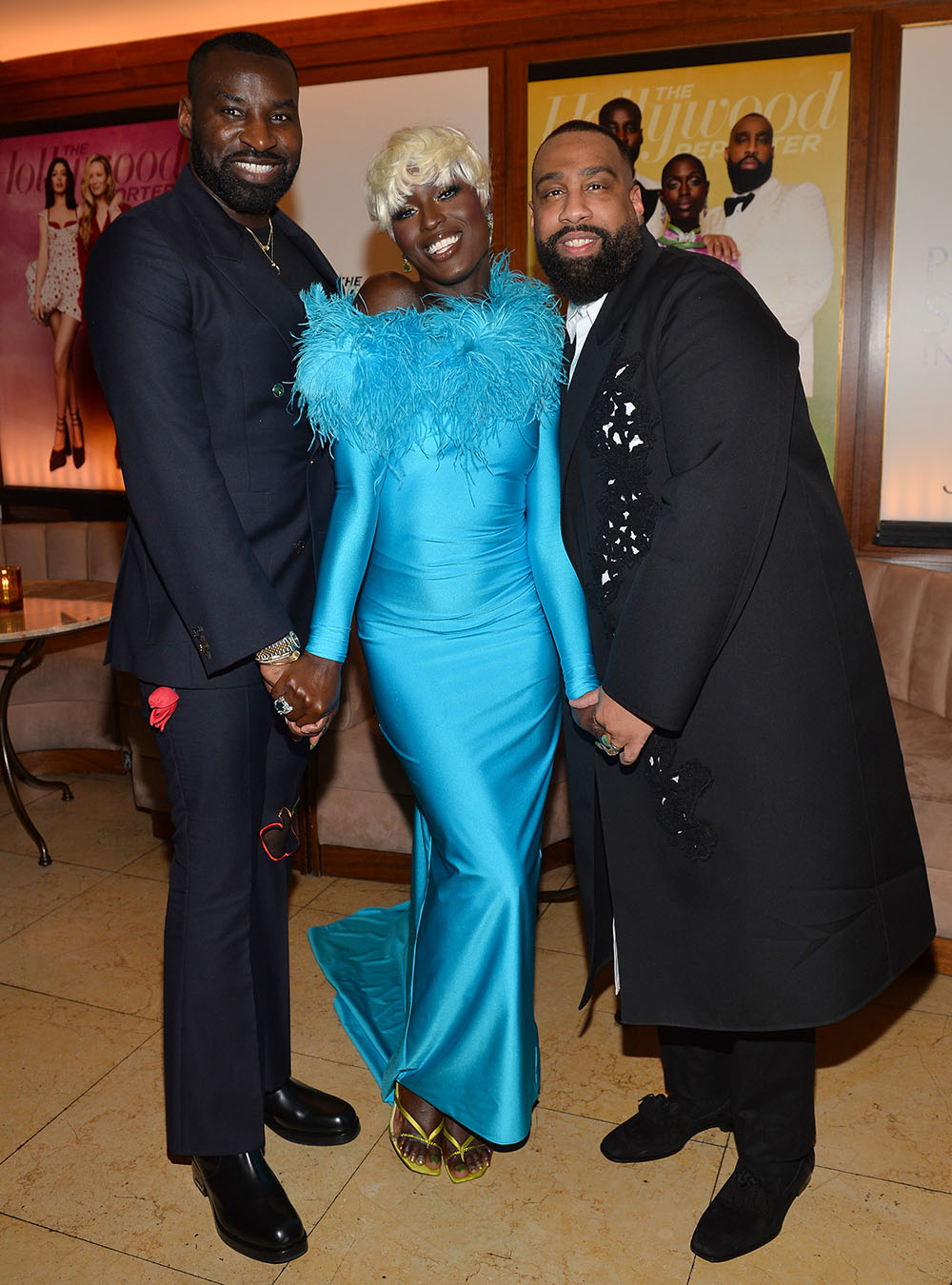 (L-R) Wayman Bannerman, Jodie Turner Smith, and Micah McDonald attend The Hollywood Reporter And Jimmy Choo Power Stylists Dinner at The Terrace at Sunset Tower on March 28, 2023 in West Hollywood, California.