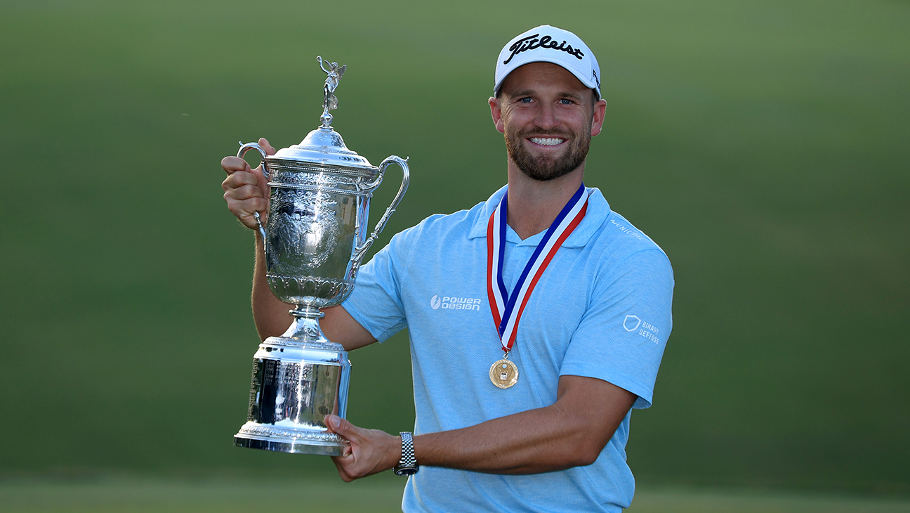 Wyndham Clark of The United States holds the U.S.Open Trophy after the final round of the 123rd U.S. Open Championship at The Los Angeles Country Club on June 18, 2023