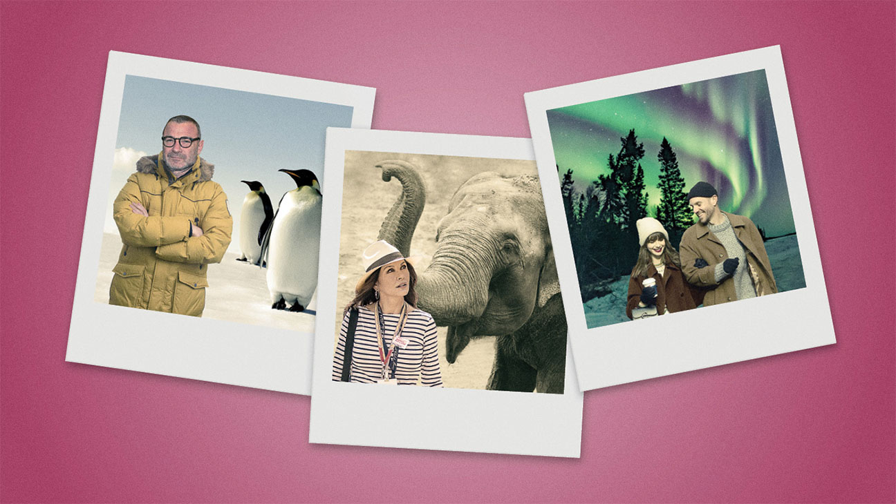 From top, photo illustrations of Liev Schreiber in Antarctica, Catherine Zeta-Jones in India (where she received a blessing from an elephant) and Lily Collins and Charlie McDowell in Sweden.