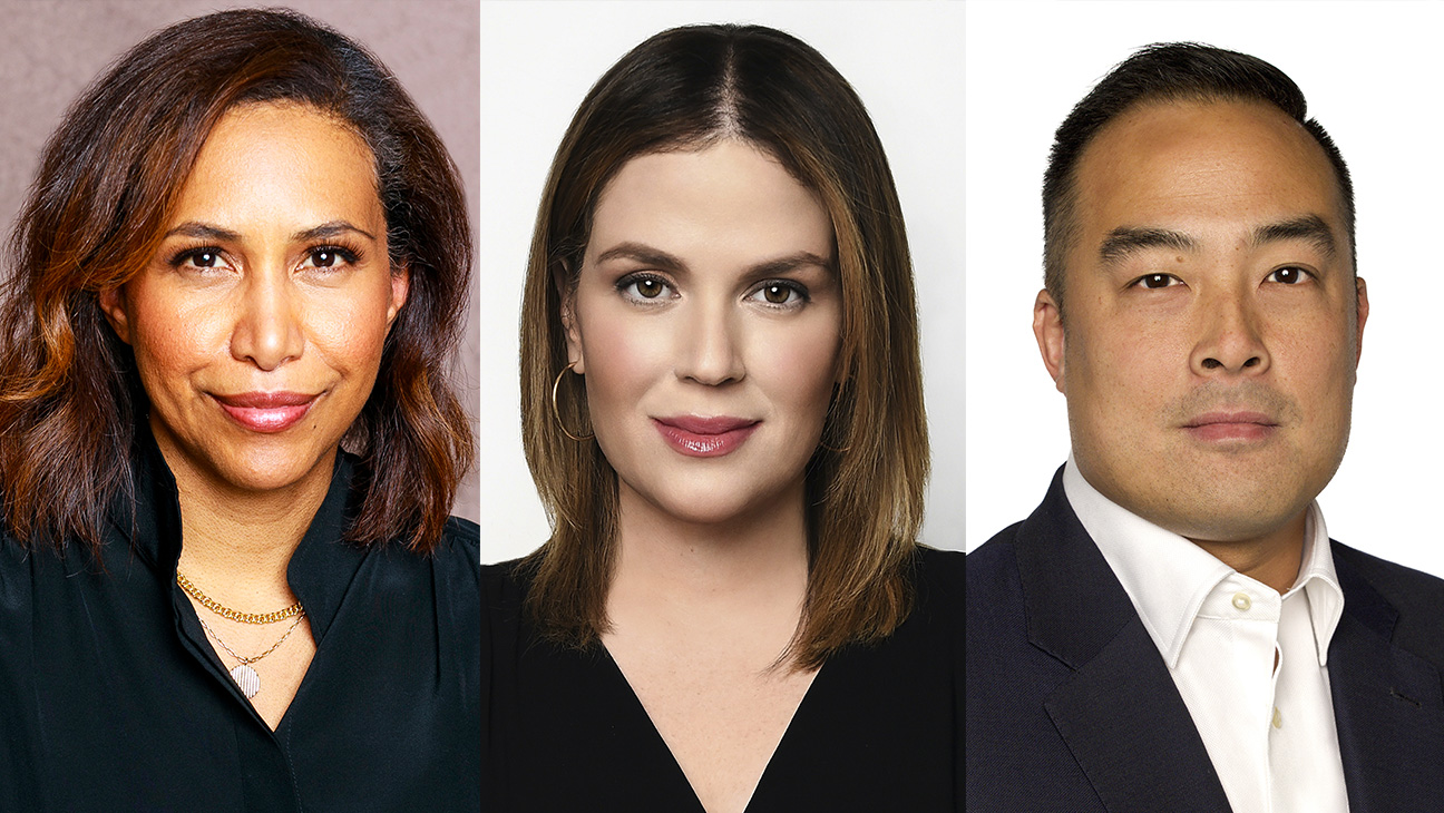 headshots of Hyphenate Media Group executives Jada Miranda, Karla Pita Loor and Alex Chang, looking professional in black suits